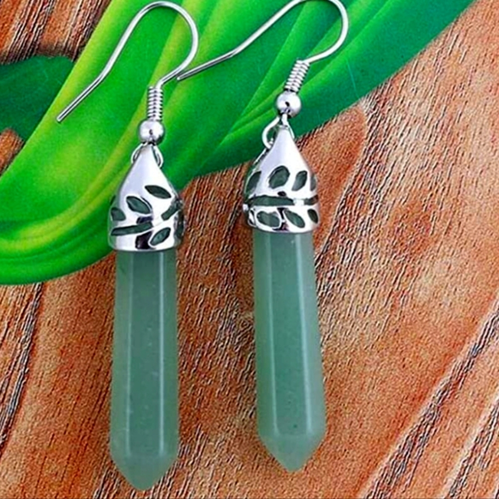 Green Adventurine Hexagonal Chakra Healing Dangle Drop Earrings NWT